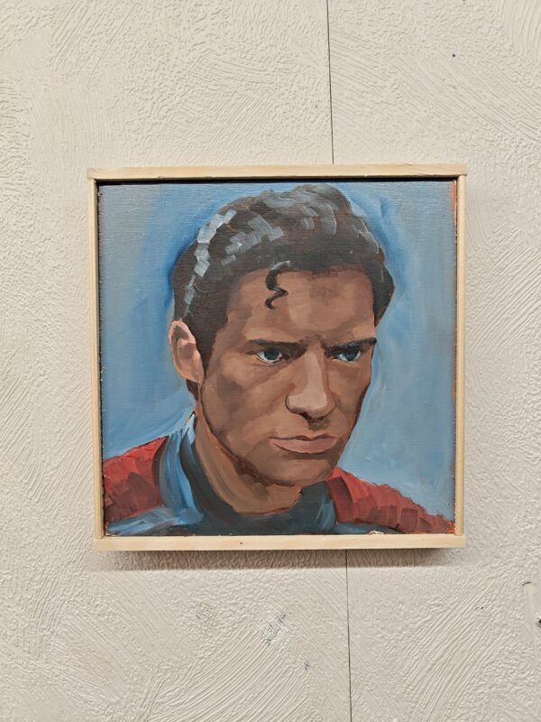 Front view of the 20x20 cm Superman original oil painting on wood panel