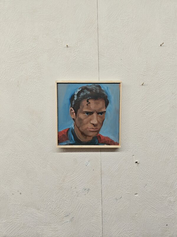 Side profile of Superman oil painting showing texture of professional oil pigments