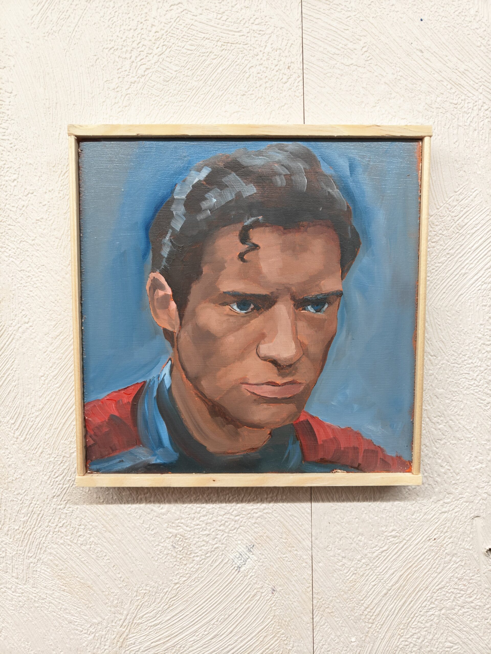 Close-up portrait of David Corenswet for the Superman original oil painting