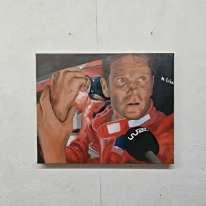 Detailed oil on canvas portrait of rally driver Marcus Grönholm in a red Peugeot racing suit, capturing his famous expression of disbelief during the 2004 Rally Turkey interview.