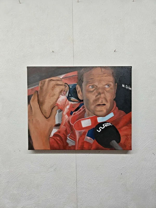 Detailed oil on canvas portrait of rally driver Marcus Grönholm in a red Peugeot racing suit, capturing his famous expression of disbelief during the 2004 Rally Turkey interview.