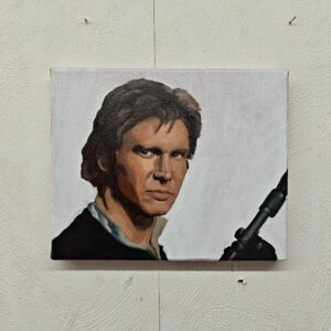 Front view of the 22x27cm Han Solo original oil painting on canvas capturing the Star Wars smuggler