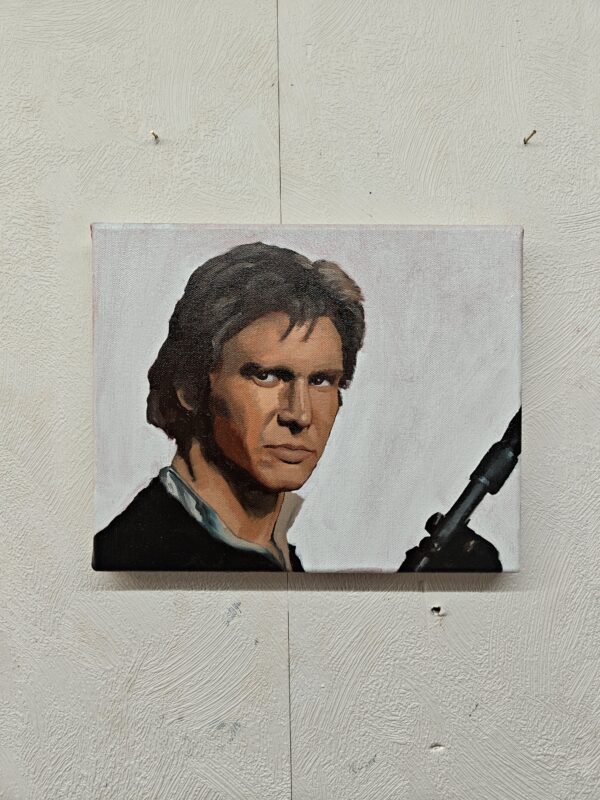 Front view of the 22x27cm Han Solo original oil painting on canvas capturing the Star Wars smuggler