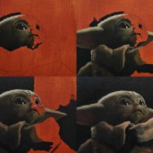 Classical oil painting process stages for the exclusive Baby Yoda canvas art