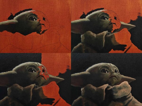 Classical oil painting process stages for the exclusive Baby Yoda canvas art