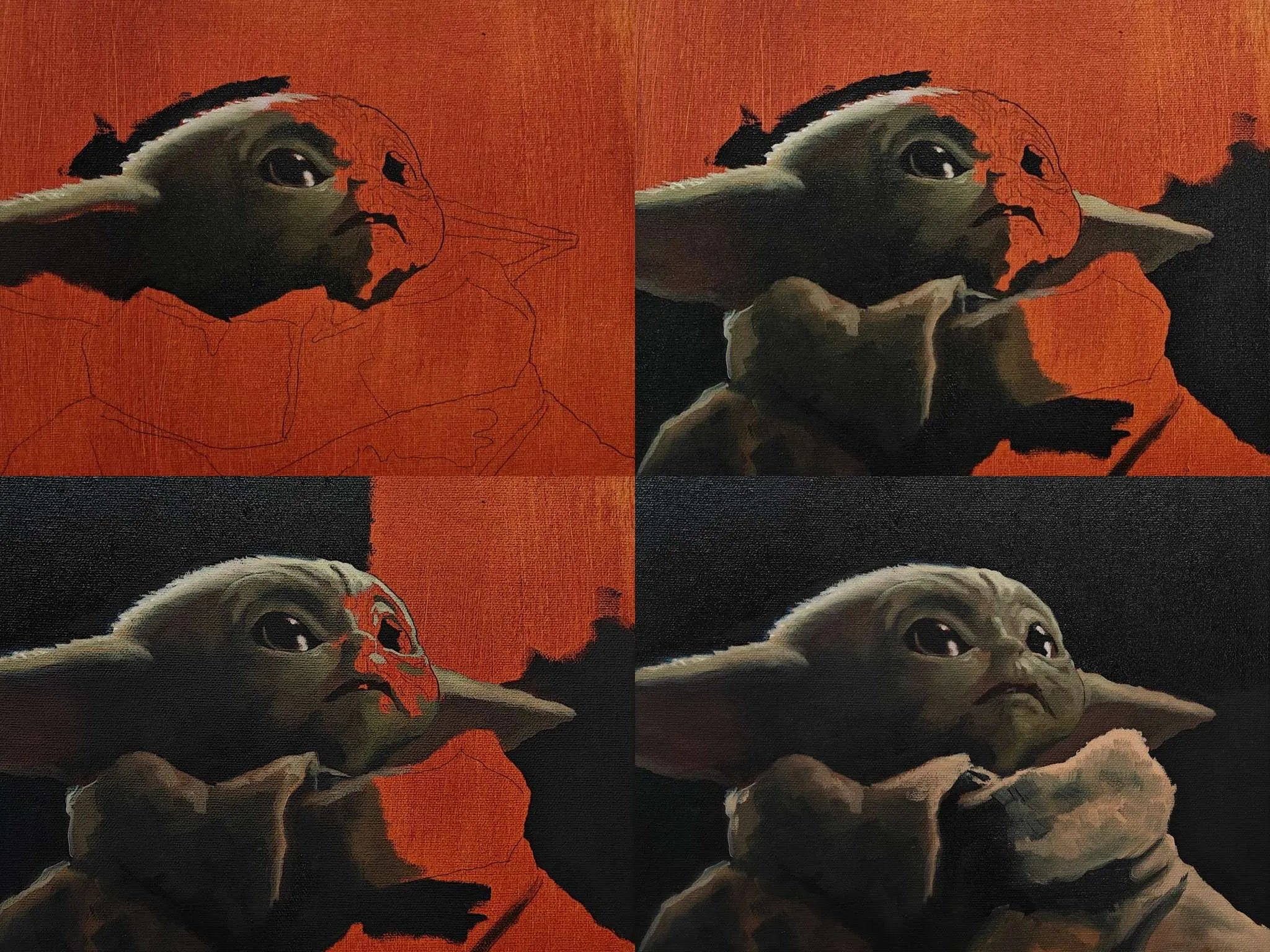 Classical oil painting process stages for the exclusive Baby Yoda canvas art