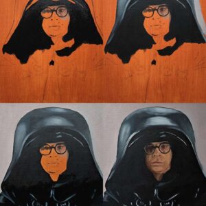 A four-panel collage showing the classical painting stages of the Dark Helmet original oil painting on canvas