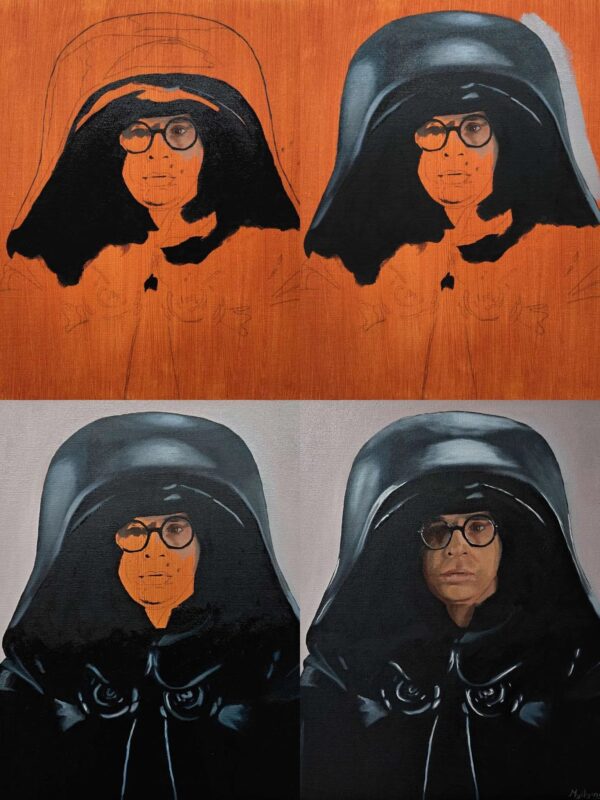 A four-panel collage showing the classical painting stages of the Dark Helmet original oil painting on canvas