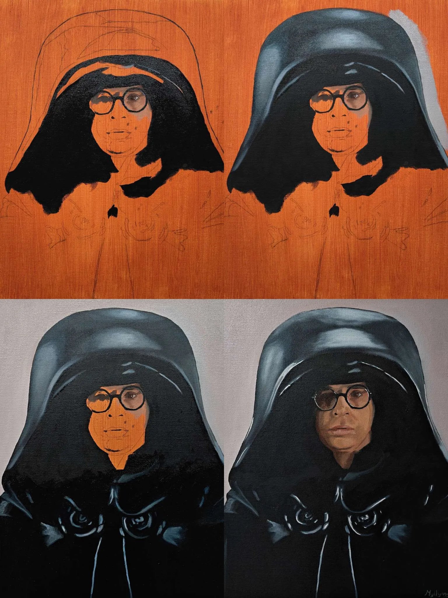 A four-panel collage showing the classical painting stages of the Dark Helmet original oil painting on canvas