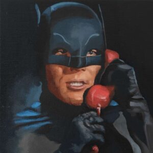 Original oil painting of Adam West as Batman 1966 on canvas by Oskari Myllymäki.