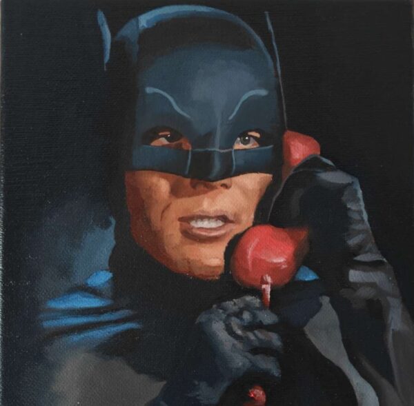 Original oil painting of Adam West as Batman 1966 on canvas by Oskari Myllymäki.