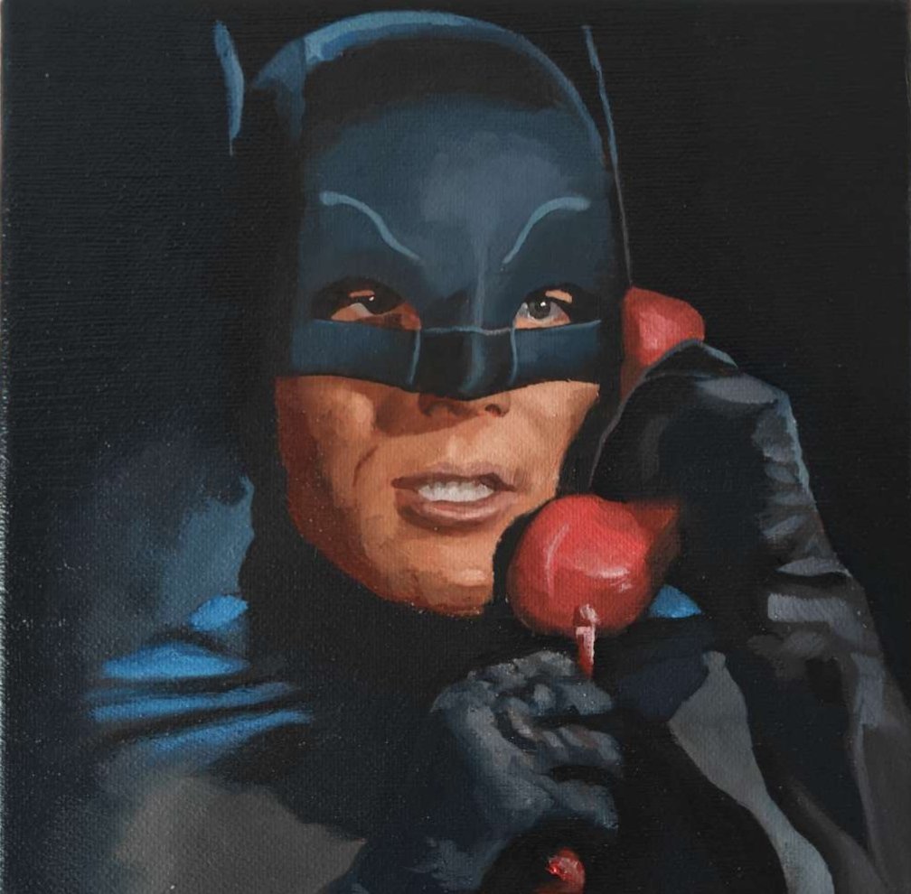 Original oil painting of Adam West as Batman 1966 on canvas by Oskari Myllymäki.
