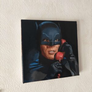 ⁠The Adam West Batman original oil painting displayed to highlight the striking cinematic realism and vibrant red Batphone