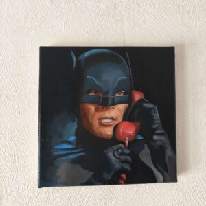 Close-up detail highlighting the rich oil paint textures and physical canvas edge of the retro Batman fine art piece