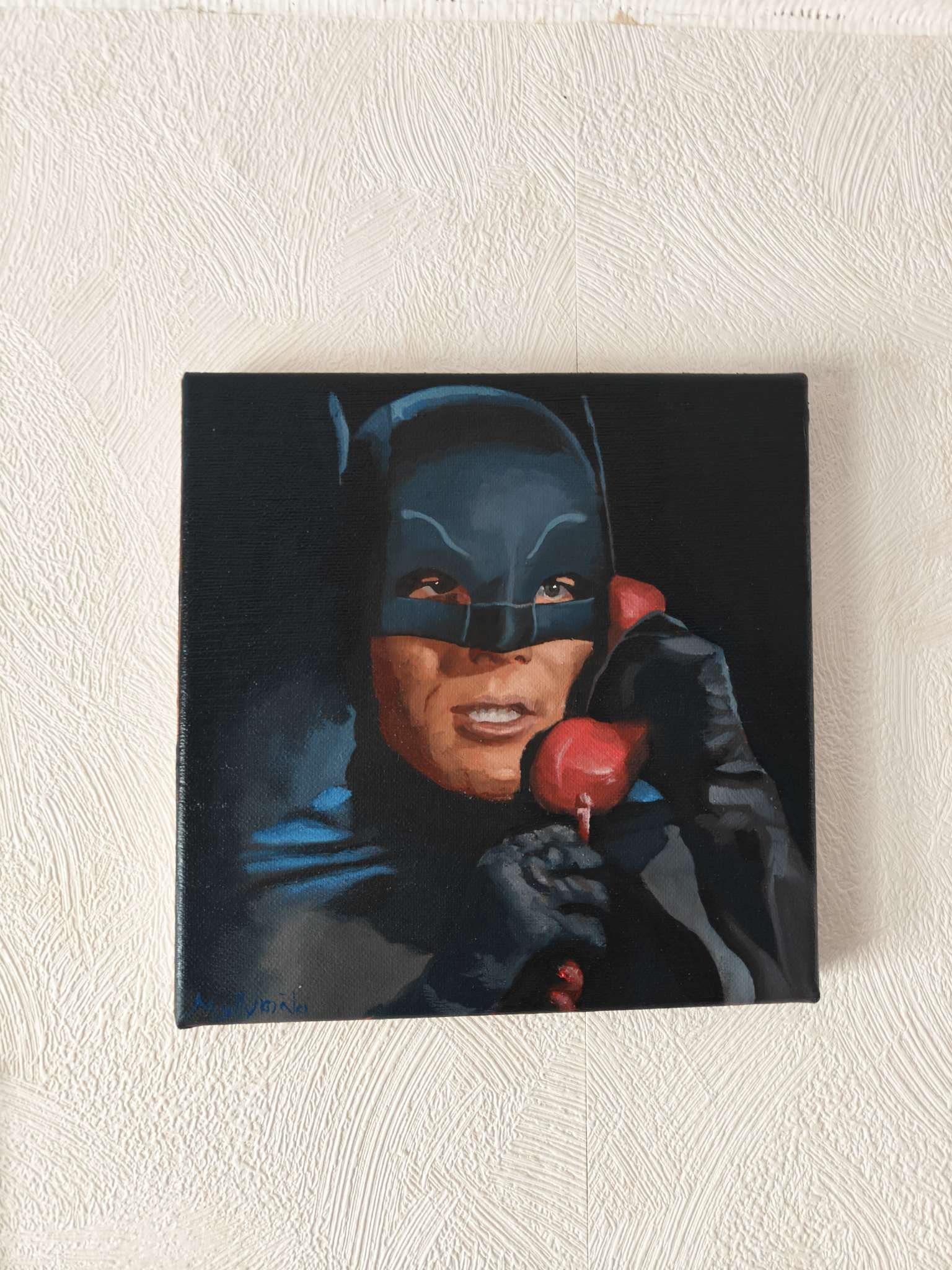 Close-up detail highlighting the rich oil paint textures and physical canvas edge of the retro Batman fine art piece