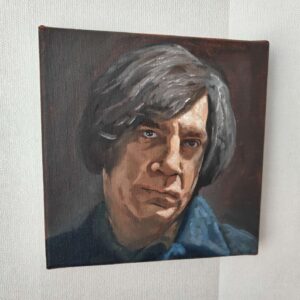 Angled detail showing the heavy brushwork and physical canvas presence on the left side of the Anton Chigurh original oil painting⁠