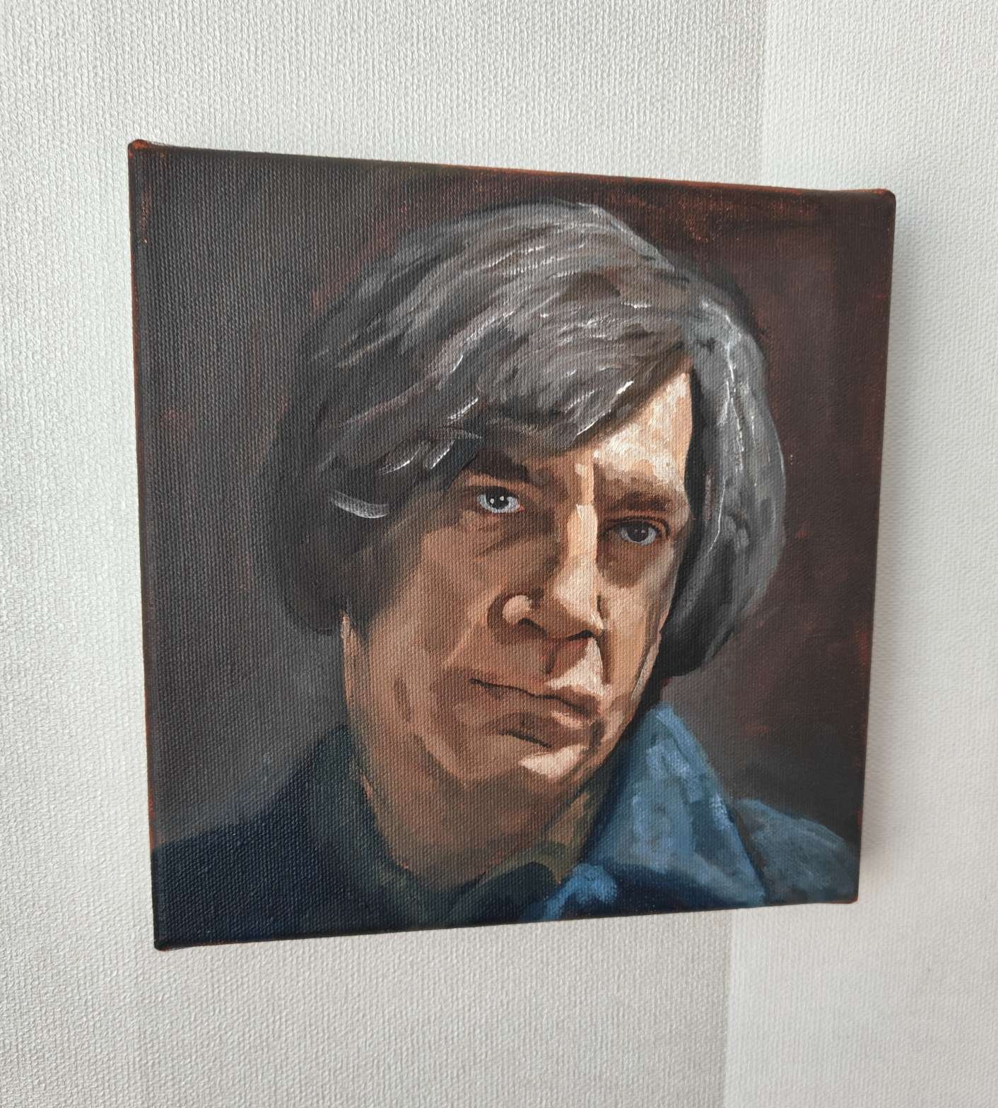 Angled detail showing the heavy brushwork and physical canvas presence on the left side of the Anton Chigurh original oil painting⁠