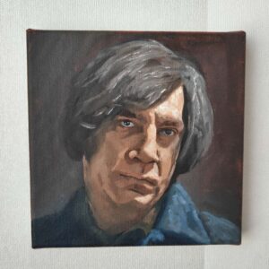 Front view of the 20x20cm Anton Chigurh original oil painting on canvas capturing Javier Bardem's cinematic performance⁠