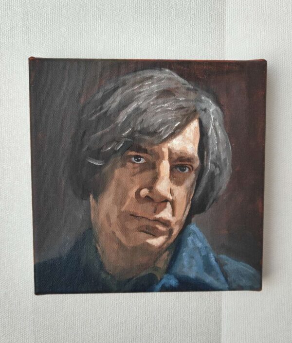 Front view of the 20x20cm Anton Chigurh original oil painting on canvas capturing Javier Bardem's cinematic performance⁠