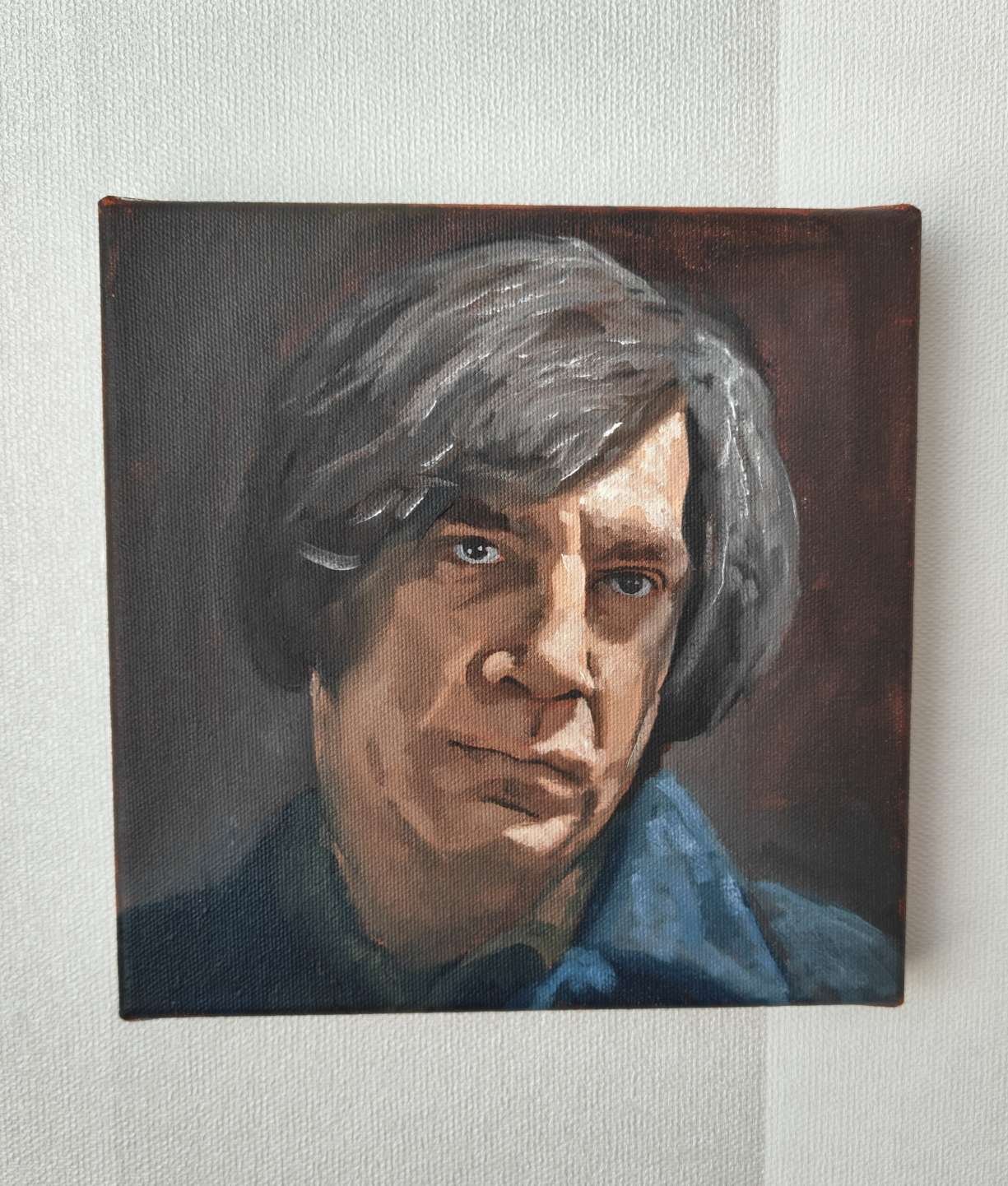 Front view of the 20x20cm Anton Chigurh original oil painting on canvas capturing Javier Bardem