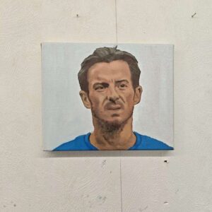 Front view of the 27x22cm Leighton Baines original oil painting on canvas displayed on a textured studio wall