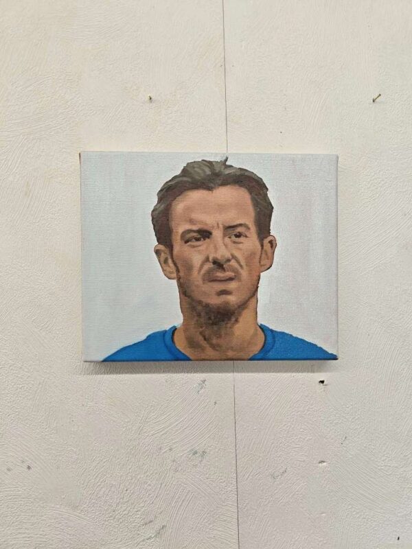 Front view of the 27x22cm Leighton Baines original oil painting on canvas displayed on a textured studio wall