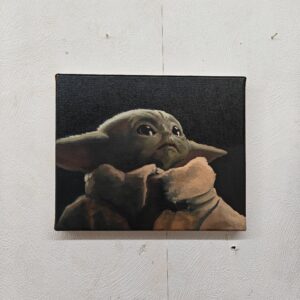 The Grogu original oil painting displayed to show the scale of this Star Wars fine art piece