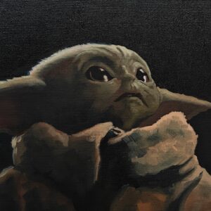Close-up texture of Michael Harding oils on the Grogu original oil painting