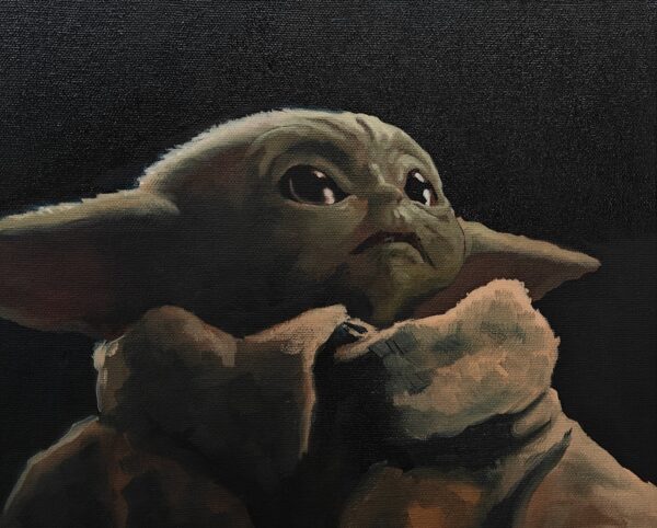 Close-up texture of Michael Harding oils on the Grogu original oil painting