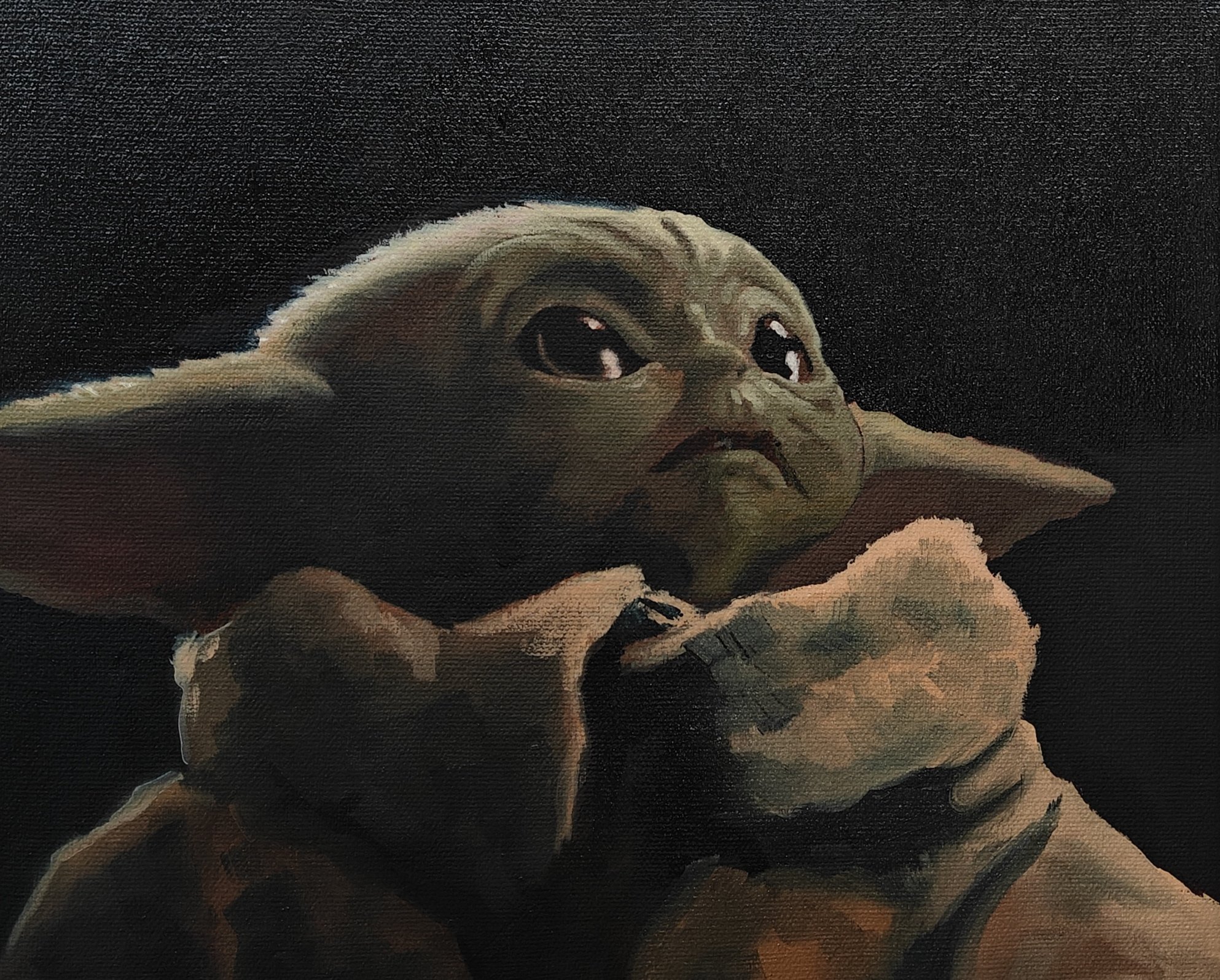Close-up texture of Michael Harding oils on the Grogu original oil painting