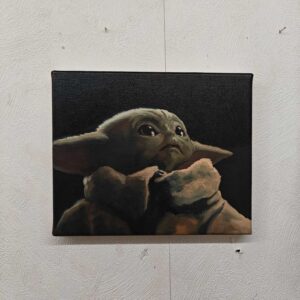 Front view of the 22x27cm Grogu original oil painting, a premium Star Wars fine art canvas