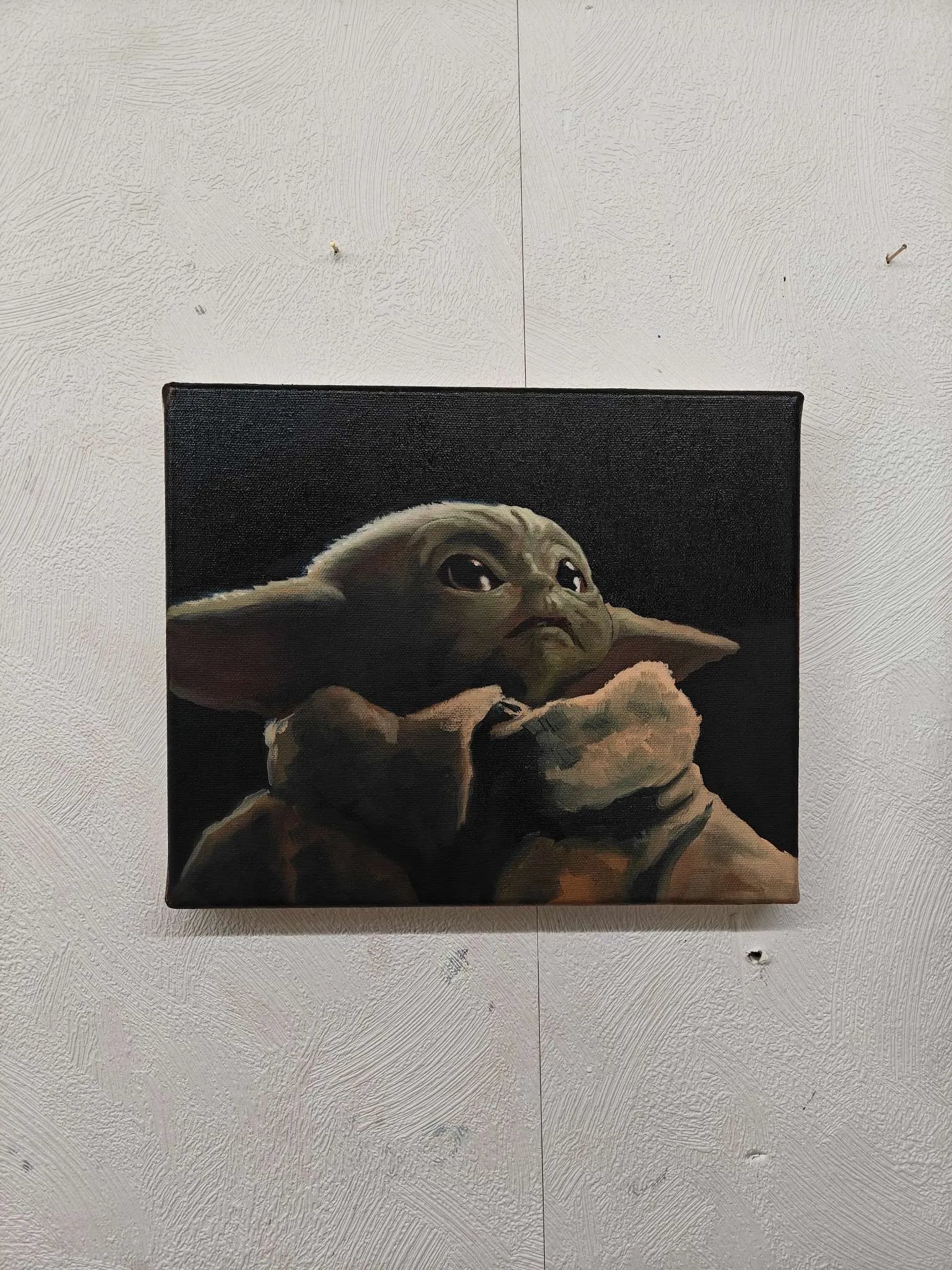 Front view of the 22x27cm Grogu original oil painting, a premium Star Wars fine art canvas