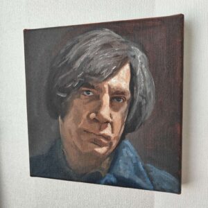 Angled detail showing the sharp cinematic realism and rich oil paint textures on the right side of the Anton Chigurh fine art piece⁠