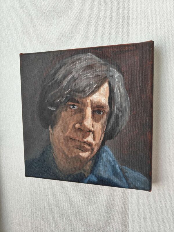 Angled detail showing the sharp cinematic realism and rich oil paint textures on the right side of the Anton Chigurh fine art piece⁠