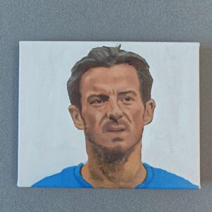 Close-up detail showing the sharp brushwork and vibrant Everton blue on the Leighton Baines original oil painting