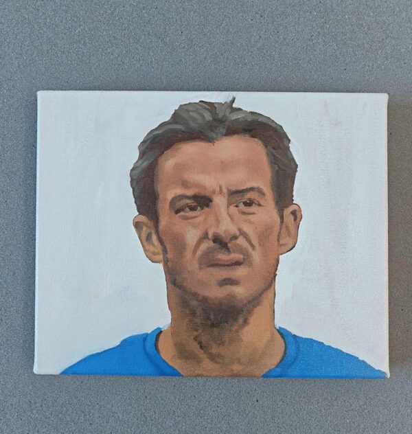 Close-up detail showing the sharp brushwork and vibrant Everton blue on the Leighton Baines original oil painting