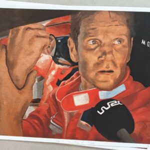 Edestä kuvattu rajoitetun painoksen Marcus Grönholm taidevedos, joka ikuistaa Up in the ass of Timo -rallihetken
