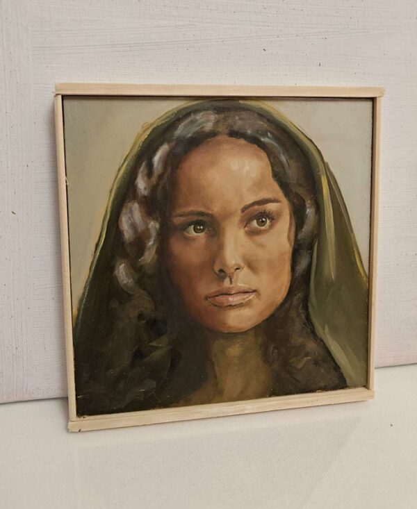 Angled view showing the physical wood panel edge and deep shadows on the Padme Amidala Star Wars fine art portrait⁠
