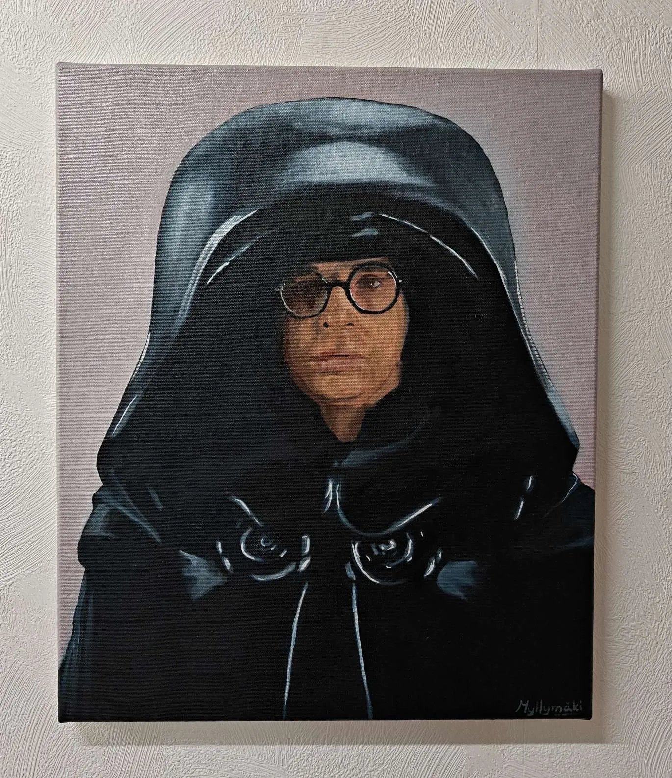 Front view of the 46x38cm Dark Helmet original oil painting on stretched canvas capturing Rick Moranis from Spaceballs