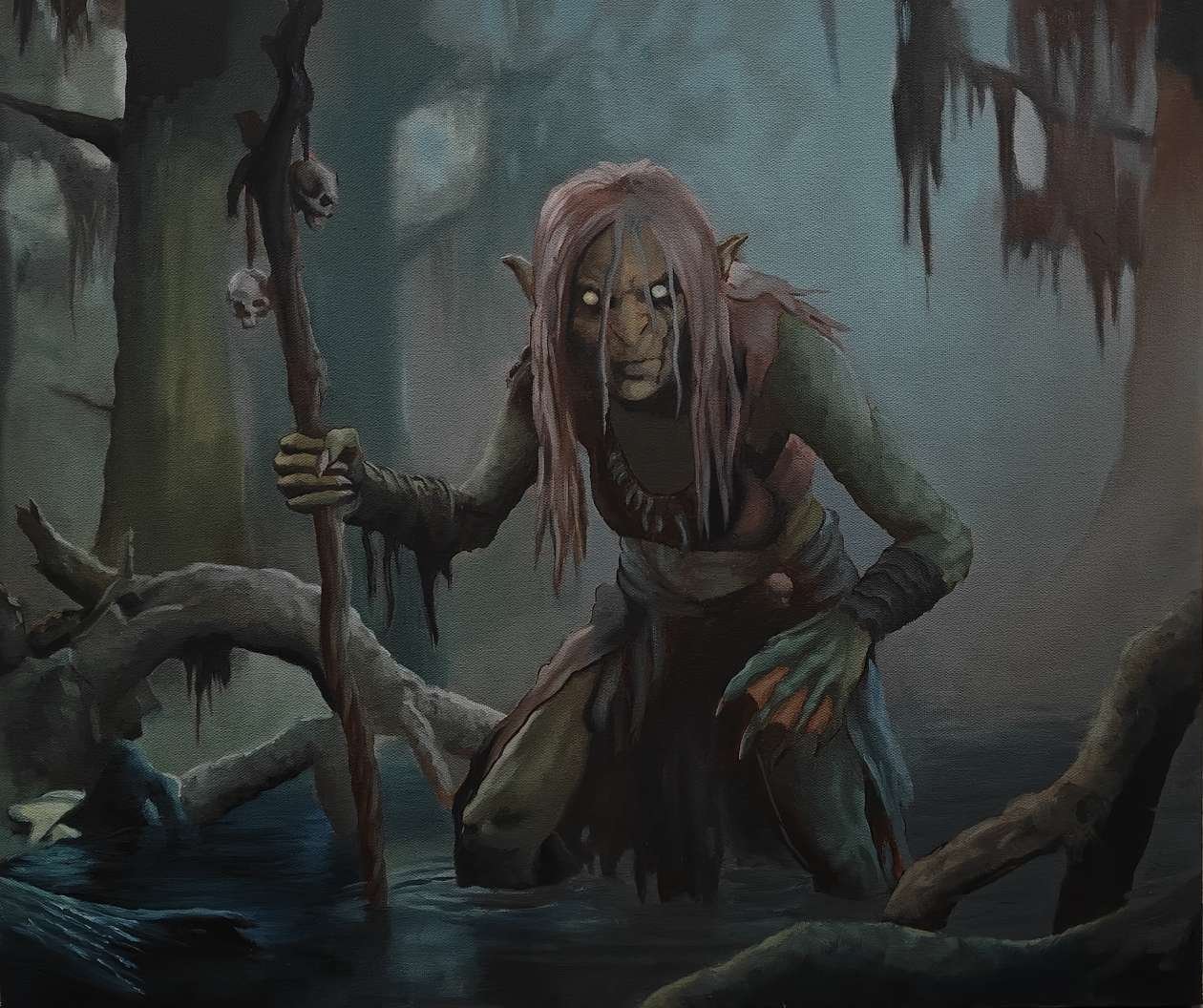 Front view of the 46x55cm Swamp Hag original oil painting on canvas capturing a dark fantasy creature⁠