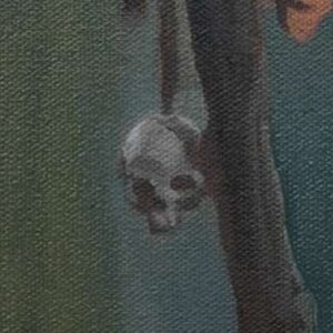 Close-up detail showing the sharp cinematic realism and rich oil paint textures on the skulls of the Swamp Hag fine art piece⁠