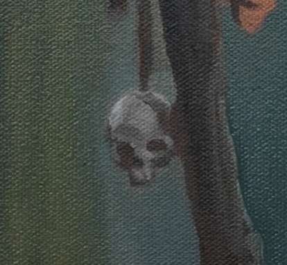 Close-up detail showing the sharp cinematic realism and rich oil paint textures on the skulls of the Swamp Hag fine art piece⁠
