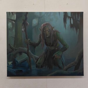 The Swamp Hag original oil painting displayed on a wall to highlight its impact as a premium physical fantasy artwork