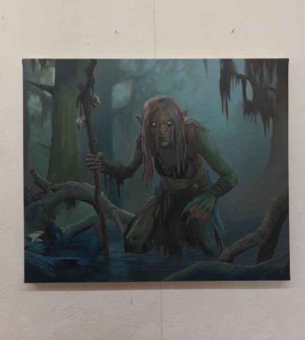 The Swamp Hag original oil painting displayed on a wall to highlight its impact as a premium physical fantasy artwork