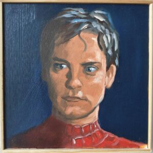 Oskari Myllymäen alkuperäinen öljyvärimaalaus Tobey Maguiresta Spider-Manin roolissa. Realistinen muotokuva Peter Parkerista punaisessa puvussa syvänsinistä taustaa vasten, maalattu puupaneelille.