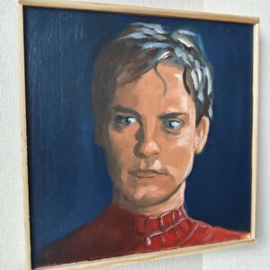 Lähikuva Spider-Man öljyvärimaalauksen yksityiskohdista ja siveltimenvedoista puisella paneelilla.